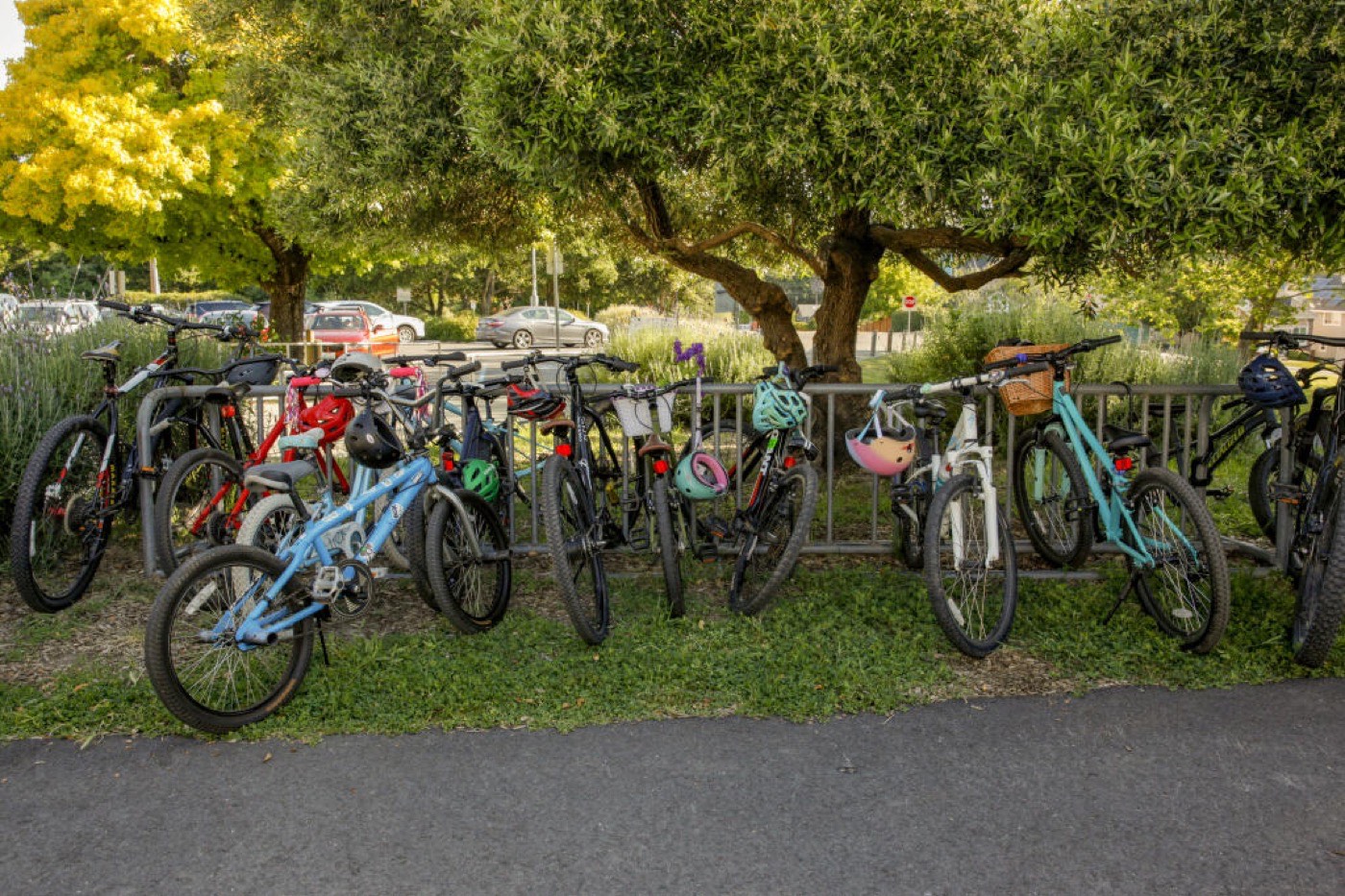 School bike racks full of kids' bikes