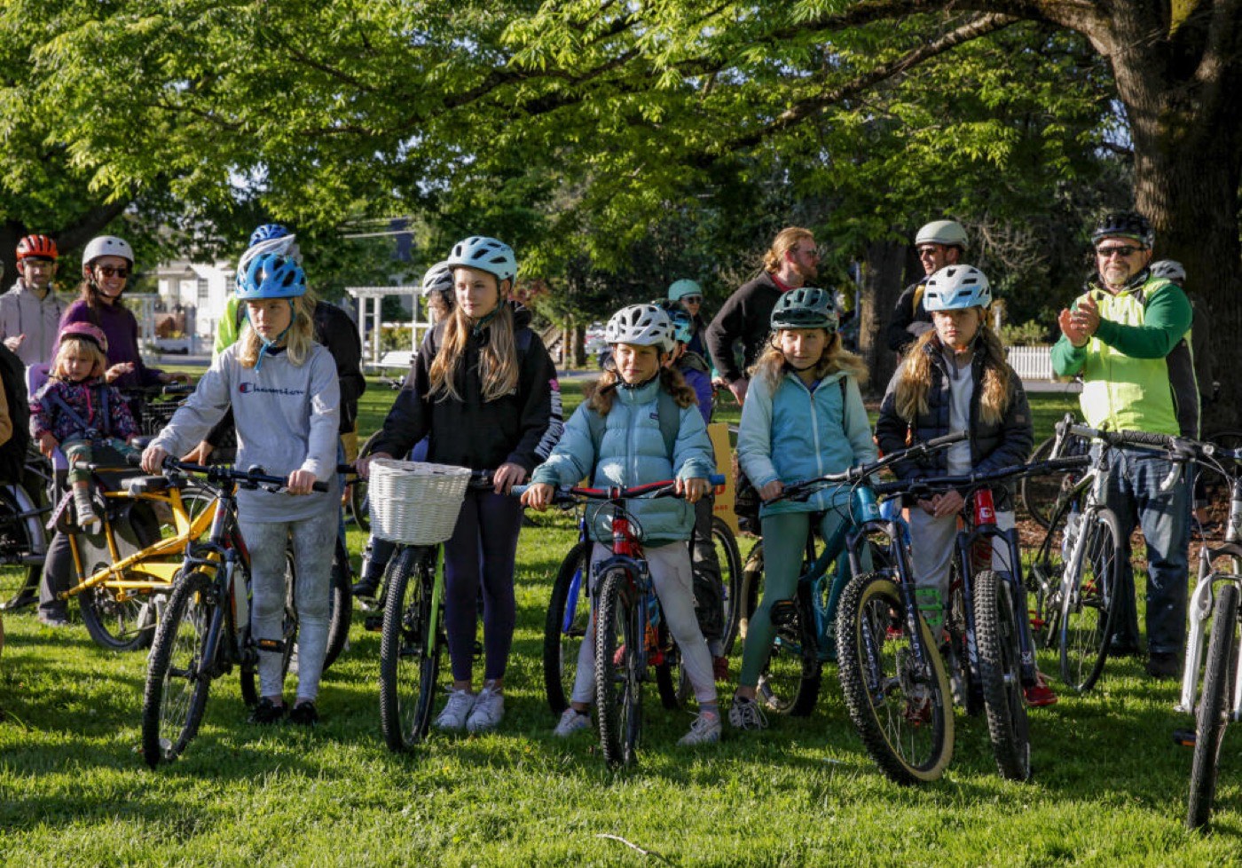 Families gathered with bikes before the ride